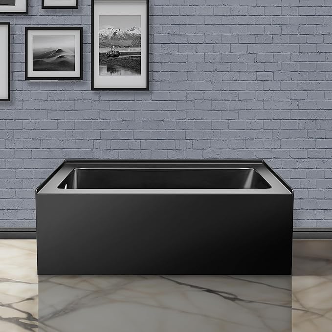Fine Fixtures Acrylic, Fiberglass Alcove Soaking Bathtub with Integral Apron Front in Glossy Black - Left Hand Drain, 54" x 30"