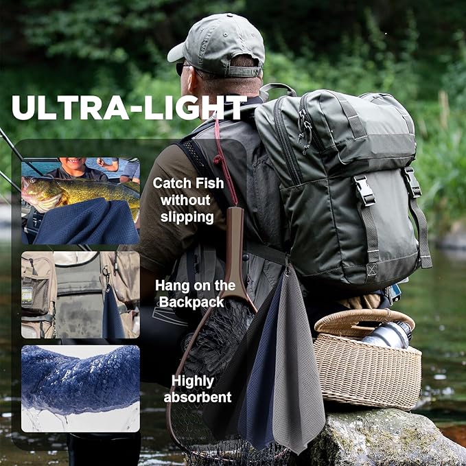3 Pack Microfiber Fishing Towels with Clip, 16" X 16", Waffle Pattern for Effective Cleaning of Fishing Gears or Dirty Hands, Perfect for Camping Towels and Hiking Towles, Grey/Blue/Black