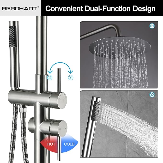 RBROHANT Freestanding Outdoor Shower Nickel, Height Adjustable Outside Showers for Backyard Garden Pool Beach, Outdoor Shower Fixtures with 10” Rain Shower Head and Handheld, Brushed Nickel, JK0317