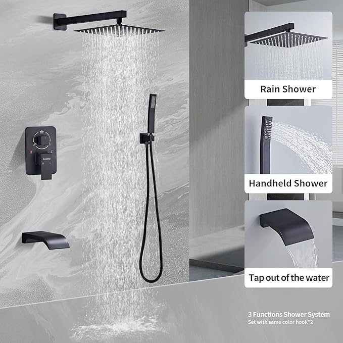 Shower Faucet Set, Black shower system with Square Rainfall Shower head, Handheld Wall Mounted Showerhead and Waterfall Tub Spout, 12 Inch, Metal Shower Faucet Trim Repair Kits