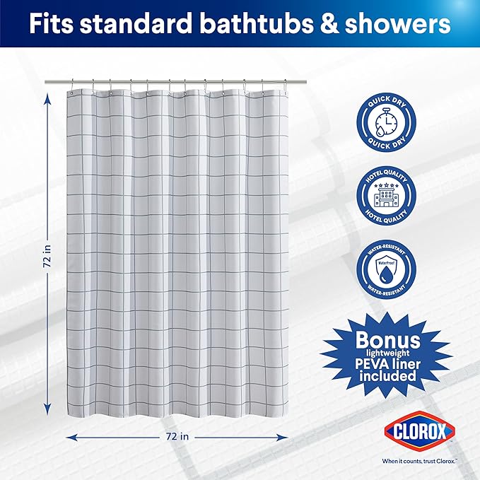 CLOROX Bathroom Waffle Windowpane Pattern Shower Curtain with Waterproof Lightweight PEVA Liner Set, Standard Size, Metal Grommets, No Hooks 72" x 72" - 2 Pc Set - Grey w Frosty PEVA