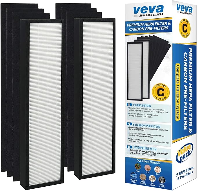 Veva 2 HEPA Air Filters & 6 Carbon Pre-Filters Replacement Filter C Compatible by VEVA
