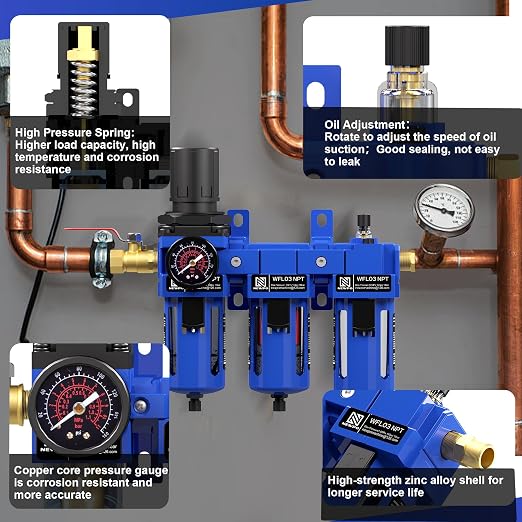 NEWPO 3/8'' NPT Compressed Air Filter Regulator Lubricator Combo Water/Oil Trap - Image 6