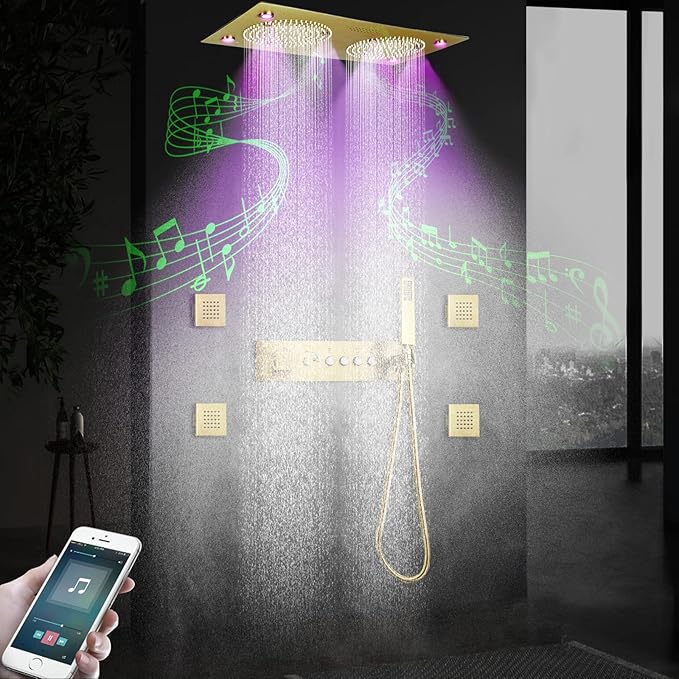 Brushed Gold Thermostatic Rain LED Shower System With Spa Body Jets, 12.5X24.5 Inch Large Horizontal Rectangle Ceiling Shower Head, Double Bath Shower Set Flow Can Be Controlled