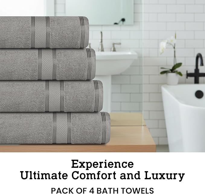 Casa Lino Silver Grey Bath Towels Set of 4 (54" x 27") - Large Bathroom Towel Set - 100% Cotton Towels for Bathroom - Highly Absorbent & Quick Dry Bath Towel Multipack - New Apartment Essentials