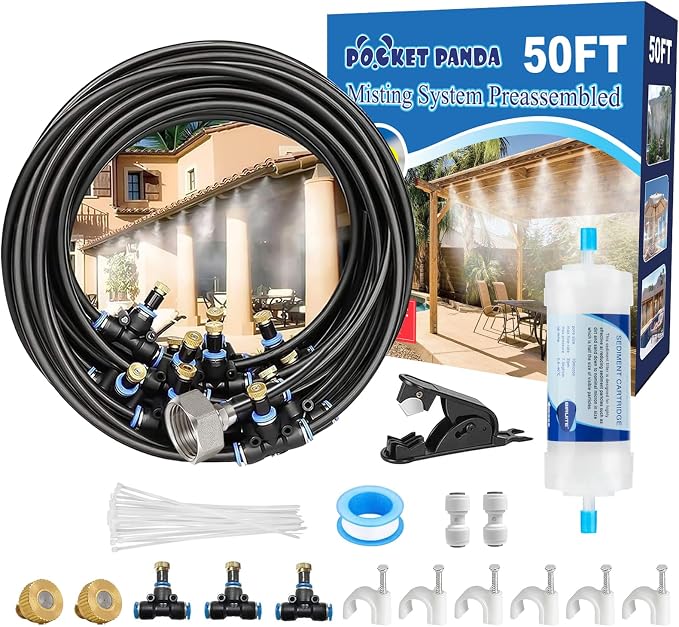 Pre-Assembled Misters for Outside Patio, Outdoor Misting Cooling System w Filter by POCKETPANDA