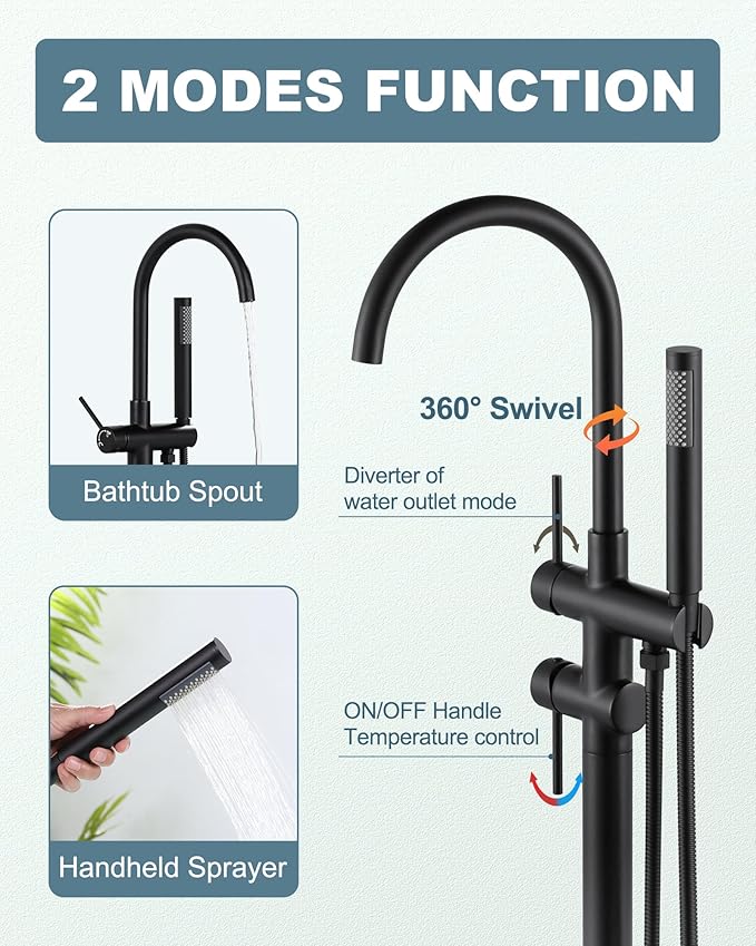 Freestanding Bathtub Faucet Matte Black: Floor Mount Tub Filler, High Flow Brass Shower Faucets with Handheld Sprayer for Bathroom