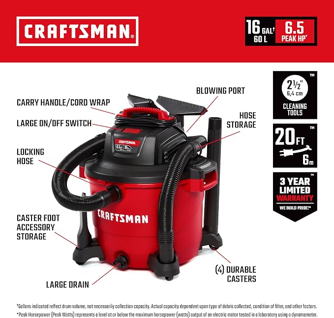 CRAFTSMAN CMXEVBE18695 16 Gallon 6.5 Peak HP Wet Dry Vac, Heavy-Duty Shop - Image 2
