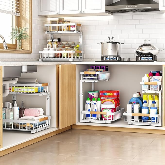 PXRACK 2 Pack Under Sink Organizer,Adjustable Height,2 Tier Pull Out Under Cabinet Organizer,Slide Out Thickened Metal Under Sink Storage for Kitchen Bathroom Laundry Cabinet Pantry,White(L)