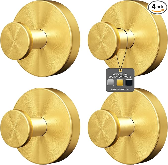Shower Suction Cup Hooks, Heavy Duty Bathroom Wall Hooks for Towels, Robes, Loofahs, Removable Metal Hook for Tile Glass Mirror, No Drill(4 Pack, Gold)