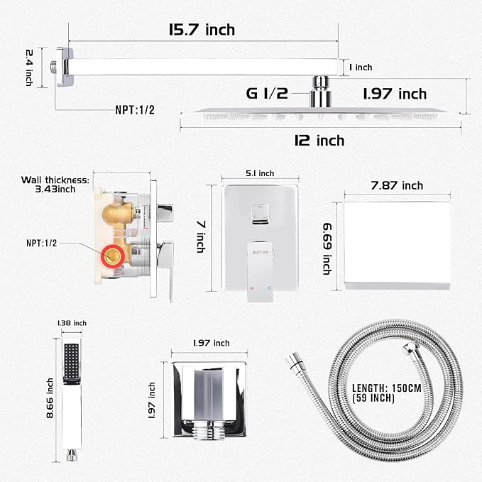 Wall Mounted Shower Faucet Set, Shower System with Tub Spout, 12 Inch Rainfall Shower Head with Handheld Spray, Waterfall Tub Spout Bathtub Faucet, Chrome