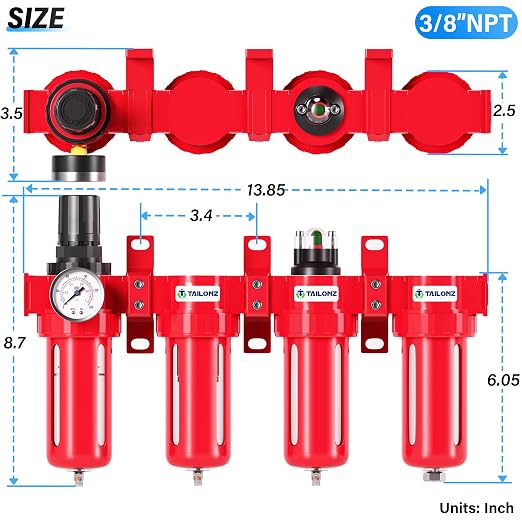 TAILONZ PNEUMATIC 3/8 Inch NPT 0-150 PSI Red Industrial Grade 4 Stage Air - Image 2