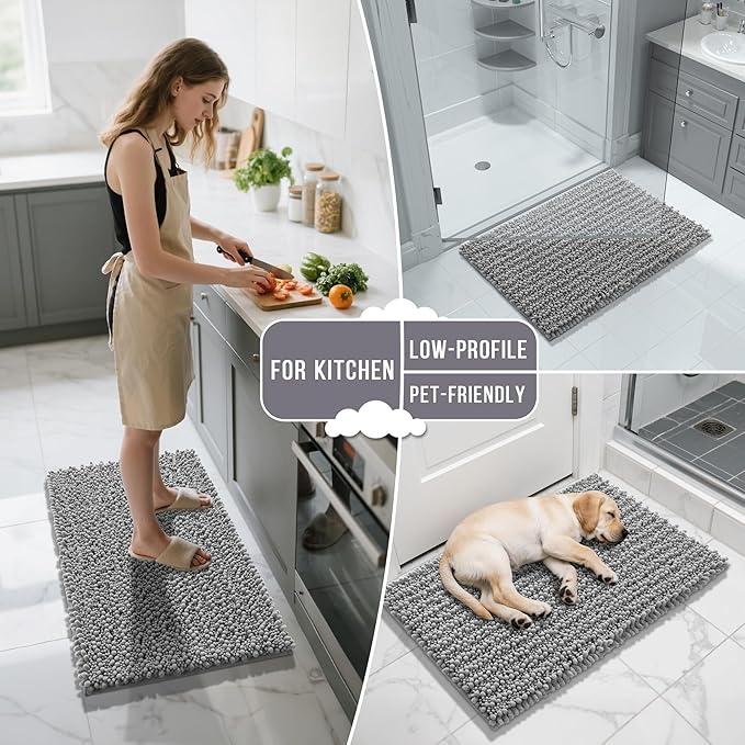 Yimobra Bathroom Rugs Sets 2 Piece - Quick Dry Extra Thick Luxury Chenille Bath Mat, Non Slip Super Absorbent for Tub Shower Sink, Machine Washable Shaggy Floor Mat, 24"x17+24"x20" Inch, Grey