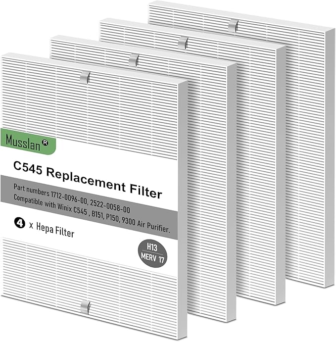 C545 True HEPA Replacement Filter 4 Pack H13 True HEPA Air Filter Replacement by Musslan