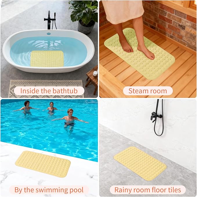 Anti-Slip Bathtub Shower mat, 27.5×14.5（Approximately 70×37cm） inch Soft Oversized Machine Washable Non-Slip Bathtub mat with Drainage Holes, Bathroom Floor Suction Cup.（1-Opaque Light Yellow）