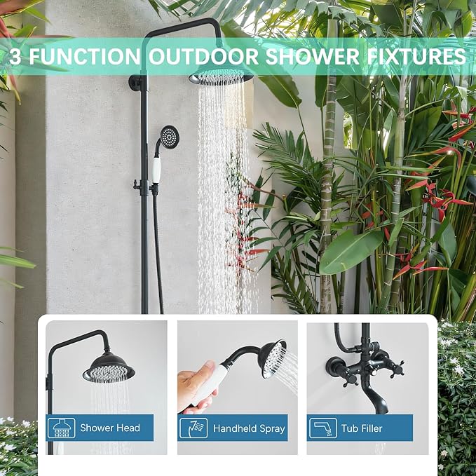 Shower System Matte Black Outdoor Shower Fixtures with 8 Inch Shower Head Handheld Spray and Tub Spout 2 Cross Handles Wall Mounted Shower Faucet Set for Bathroom or Backyard