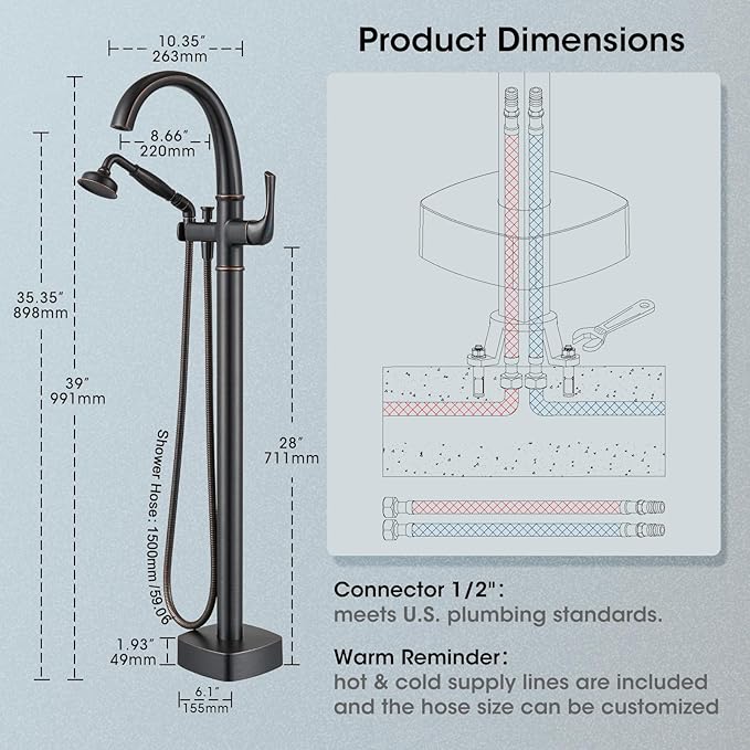 Free Standing Tub Faucet, Jabbol Premium Brass Luxury Freestanding Bathtub Faucet, Bathroom Floor Mount Tub Filler with Handheld Sprayer, Classic Roman Tub Faucets Oil Rubbed Bronze (JB-8811ORB)