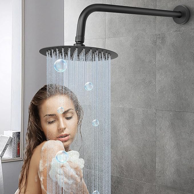HarJue Shower Arm with Flange and Teflon Tape, Wall Mounted Shower Pipe 304 Stainless Steel Extension Arm for Fixed Shower Head & Handheld (15 Inch, Matte Black)