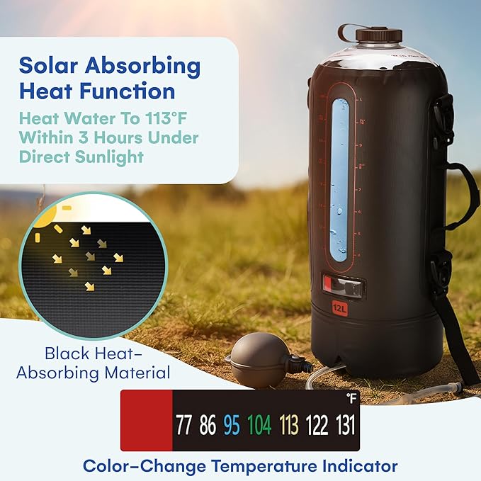 HappyPo Camping Shower - Portable Camping Solar Shower Pump- Shower Bag with Pressure Foot Pump with Temperature Indicator - Camp Water Equipment for Road Travel