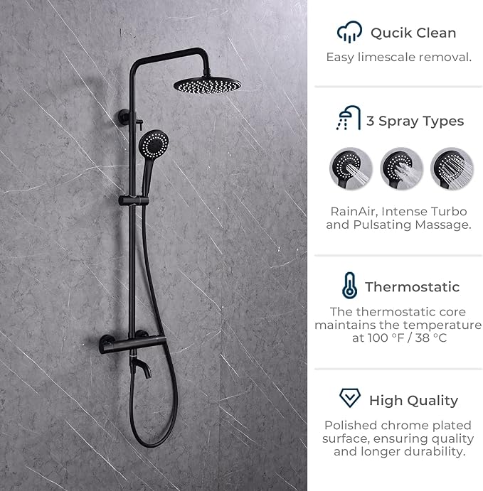 3-Function Thermostatic Outdoor Shower Faucet Set, 8" Round Head Shower, Exposed Pipe Wall Mount with Constant Temperature, Matte Black with Height Adjustable Slide Bar ABS Handheld Sprayer