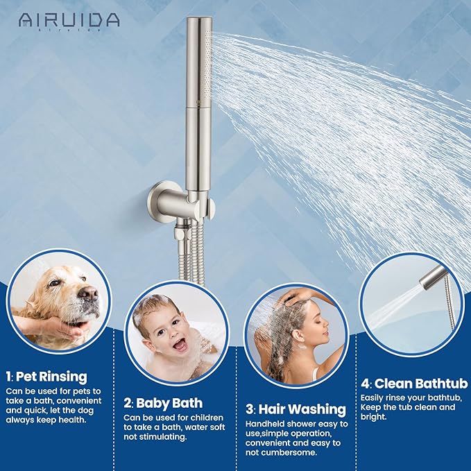 Airuida Shower Fixtures 2 Functions Shower Faucet Set Wall Mounted for Bathroom High Pressure Brass Handheld Shower with Rough-in Valve Round Rainfall 12 Inch Shower Head Brushed Nickel