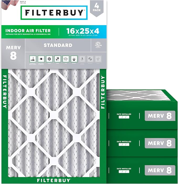 Filterbuy 16x25x4 Air Filter MERV 8 Essential Dust & Allergy Defense, by Filterbuy