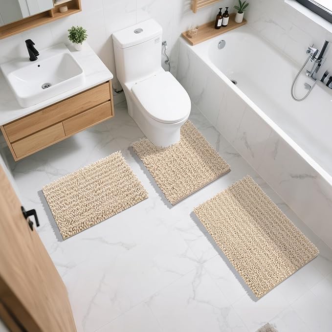 Yimobra Bathroom Rugs Sets 2 Piece - Quick Dry Extra Thick Luxury Chenille Bath Mat, Non Slip Super Absorbent for Tub Shower Sink, Machine Washable Shaggy Floor Mat, 32"x20"+24"x20" Inch, Light Brown