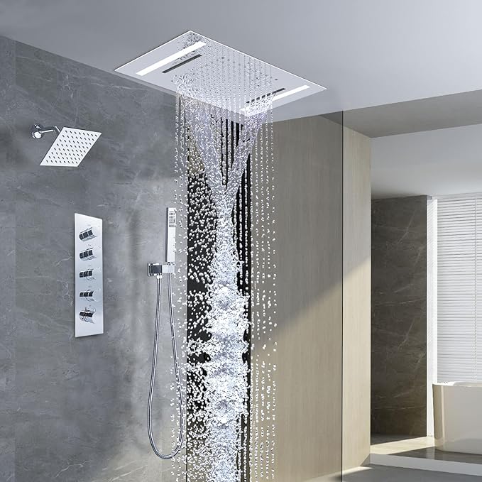 Dual Rain Shower Head Thermostatic Luxury Spa Shower System And Ceiling Mount 14x20 Inch LED 4 Functions with 6 Inch Wall Head Shower Faucet Set,Polished Chrome