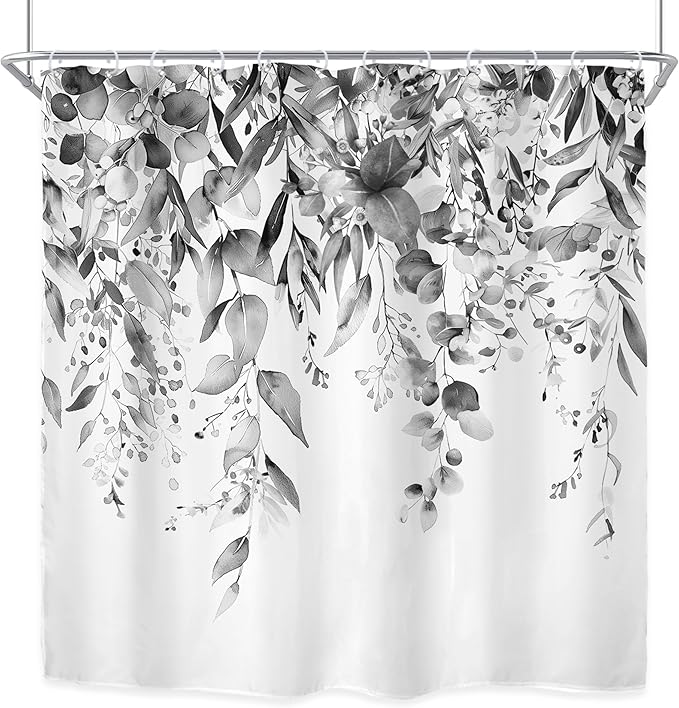Riyidecor Black White Eucalyptus Shower Curtain for Bathroom Decor 72Wx72H Leaves Dark Plants Watercolor Floral Rustic Botanical Leaf Art Printed Fabric Polyester Waterproof 12 Pack Plastic