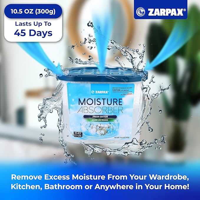 Moisture Absorber Fresh Cotton 10.5 oz/300g | Removes Moisture, Damp & Humidity | Odor Absorber With Fresh Cotton Fragrance | Moisture Trap for Bathroom, Closet, Kitchen | Set of 4