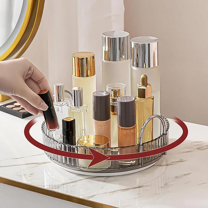 360° Rotating Makeup Organizer, Bathroom Make Up Spinning Holder Rack, Large Capacity Cosmetics Storage Vanity Shelf Countertop, Fits Cosmetics, Perfume, Skincare, Lipsticks(1 Tier, Gray)