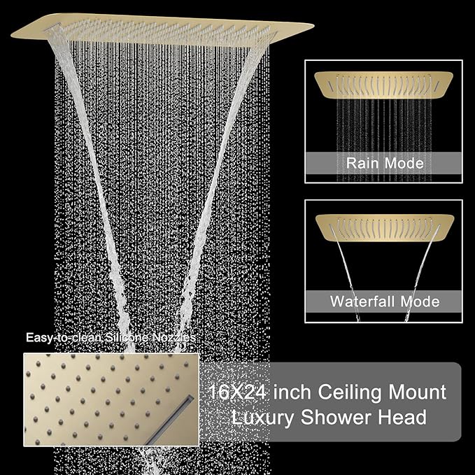 Brushed Gold Digital Display Shower System with 16X24 inch Ceiling Overhead Shower Head(Rain & Waterfall Two Modes), 4 PCS Body Jet and Handheld Spray