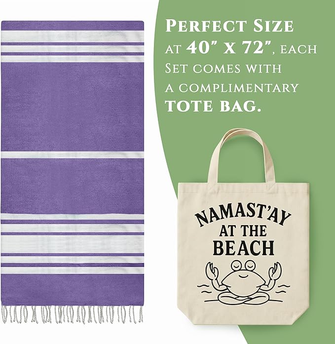 Turkish Cotton Beach Towel Pack of 4 & 1 Boho Tote Bag - Hammam Towels - No Shrink - Quick Dry - Lightweight - Sand Free - Camping - Pool - Tanning - Beach Essentials - Purple (40"x70")