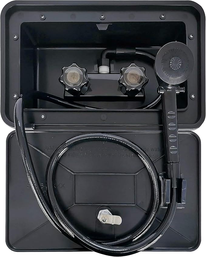RV Exterior Shower Box Outdoor Camper Trailer Shower Kit with Shower Faucet Shower Head and Hose wall box portable use for Camper Van Travel Trailer Motorhome and Boat (Black)