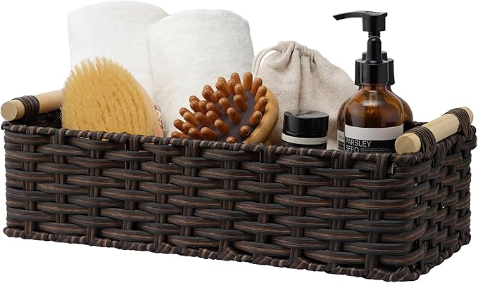 GRANNY SAYS Wicker Baskets for Shelves, Wicker Baskets for Storage, Waterproof Toilet Basket Tank Topper, Basket Organizer with Handle, Toilet Paper Basket for Back of Toilet, 14¼" x 6½" x 4¼", Brown