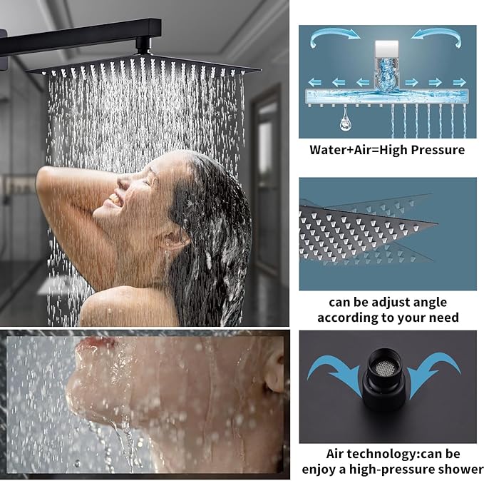 10" Matte Black Shower Faucet Set – Square Rainfall Showerhead + Handheld & Waterfall Spout, Wall-Mounted, Anti‑Clog Silicone – Modern Bathroom Hardware