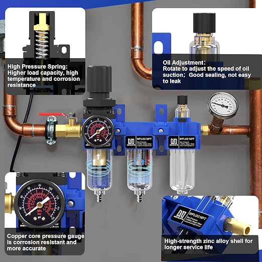 NEWPO 1/4" NPT Compressed Air Filter Regulator Lubricator Combo, Water/Oil Trap - Image 6