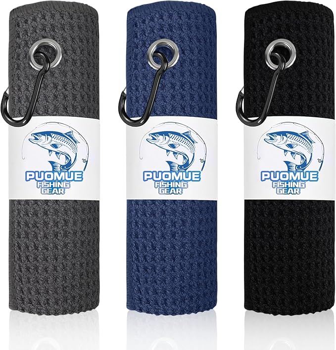 3 Pack Microfiber Fishing Towels with Clip, 16" X 16", Waffle Pattern for Effective Cleaning of Fishing Gears or Dirty Hands, Perfect for Camping Towels and Hiking Towles, Grey/Blue/Black