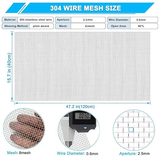 Stainless Steel Mesh Screen 8Mesh 304, 15.7" x 47.2" Metal Mesh Screen - Image 2