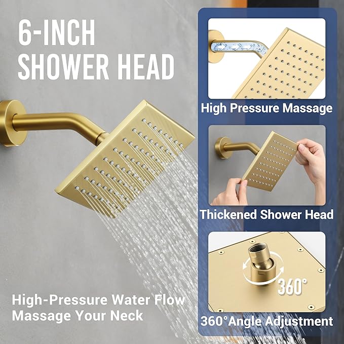 Thermostatic Dual Shower System with 4-Inch Body Jets, Ceiling 16" Rainfall Shower & Wall Mount 6-Inch Shower Head, Brushed Gold Luxury Shower Faucet Set with Handheld Sprayer