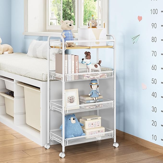 TOOLF 4-Tier Rolling Cart, Metal Utility Cart, Slide Out Storage Cart with Wooden Tabletop and Mesh Baskets, Easy Assemble Trolley for Kitchen Bathroom Laundry Room Bedroom Apartments Dormitory