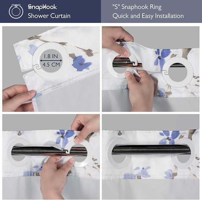 Lagute SnapHook Hook Free Shower Curtain with Snap-in Liner & See Through Top Window | Hotel Grade, Machine Washable | 71Wx74L, Blue Blossom