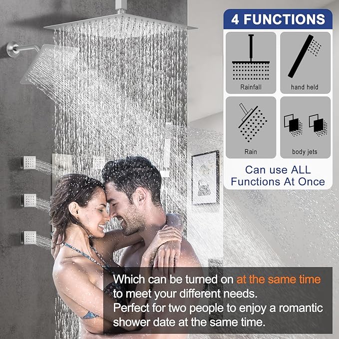 Thermostatic Shower System Dual Shower Heads with 16" Ceiling Mounted Rain Shower Head & 6" Wall Mounted Head 4 Function Shower System with body jets Can All Run Together, Brushed Nickel