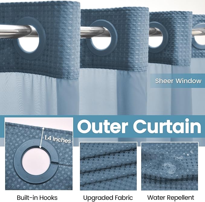 Moonlight Blue Long No Hook Shower Curtain with Snap in Liner,230GSM Waffle Weave Shower Curtains for Bathroom,71W x 86H