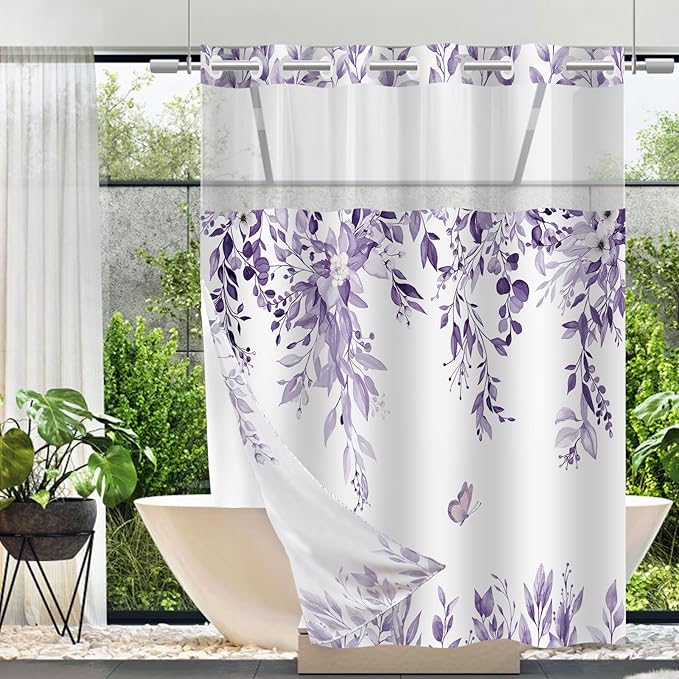 No Hook Shower Curtain and Liner Set, Light Purple Eucalyptus Floral Shower Curtains for Bathroom, Bath Curtain Sets with Snap in Liner, Waterproof with See Through Top Window, 71x84 Inches