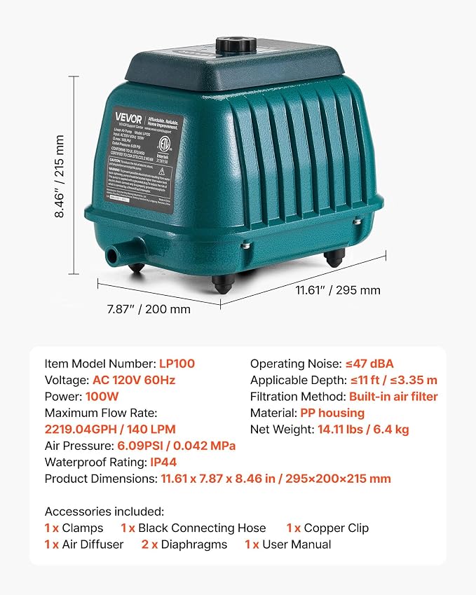 VEVOR Commercial Linear Air Pump 2219 GPH | High Output Aerator - Image 7