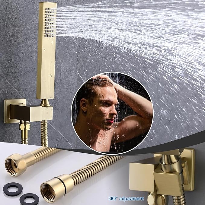Enga Luxury Brushed Gold Shower System, 16 Inch Rain Shower Head with Body Spray Thermostatic Shower Faucet Set, Can Use All Functions At a Time (Volume Adjustable)