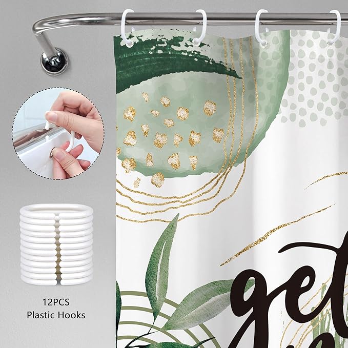 Green Boho Shower Curtain 60Wx72H Bohemian Sage Green Golden Leaves Get Naked Abstract Mid Century Modern Plant Botanical Bathroom Decor Minimalist Bath Curtain Fabric Polyester 12 Pack Hooks