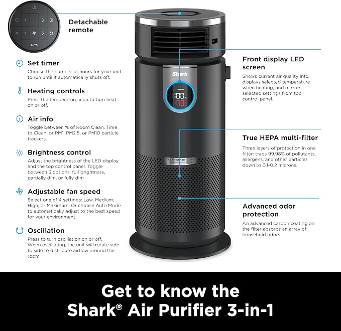 Shark HC451 3-in-1 Clean Sense Air Purifier, Heater & Fan, HEPA Filter - Image 14