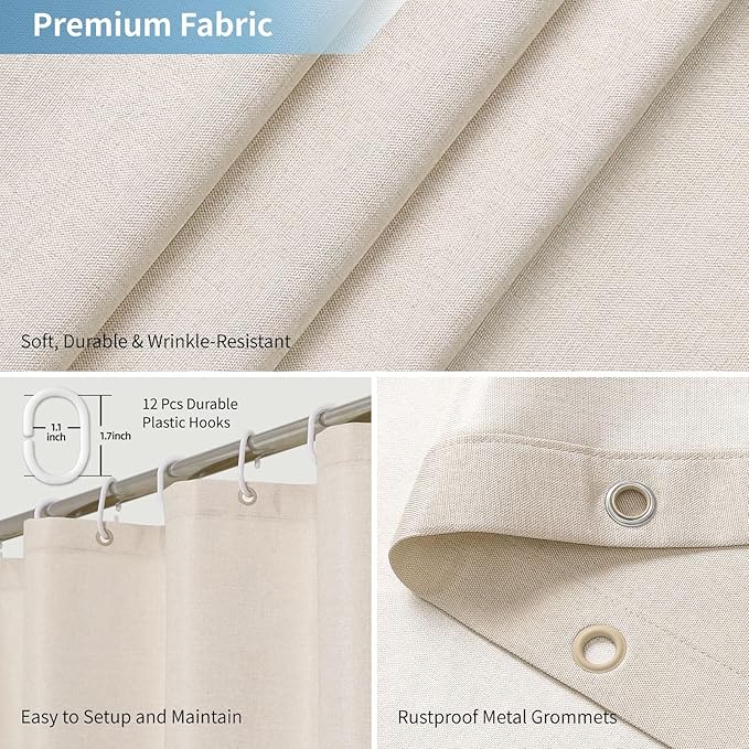 2-in-1 Waterproof Long Fabric Shower Curtain or Liner,Linen Textured,78 Inch Breathable TPU & Washable Bathroom Shower Curtain Set with 12 Plastic Hooks,Modern,72"x78" Cream